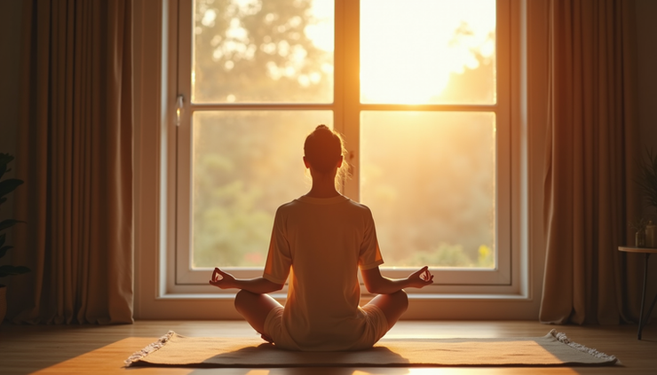 Eye-level view of a peaceful morning scene with a person meditating near a window, soft natural light filling the room