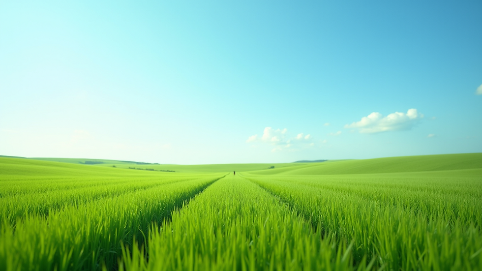 Eye-level view of a vibrant green landscape with a clear blue sky