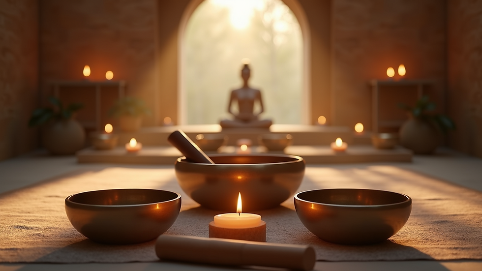 Eye-level view of a serene sound healing space with singing bowls