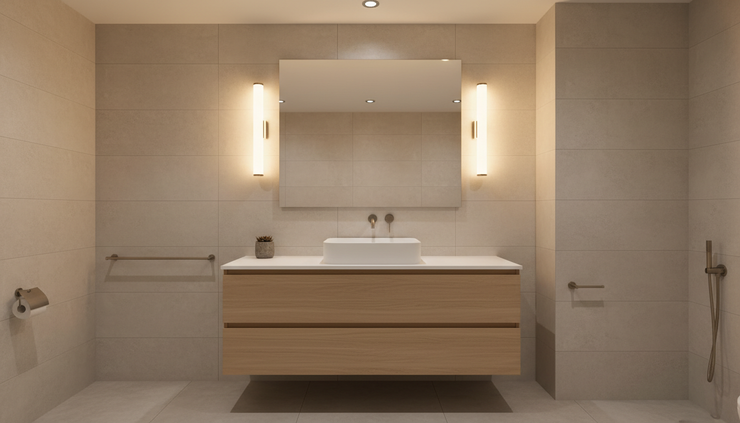 Eye-level view of a bathroom mirror with soft wall lighting and a floating vanity