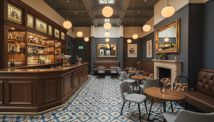 Wide-angle view of a renovated British pub interior with timber details and warm lighting