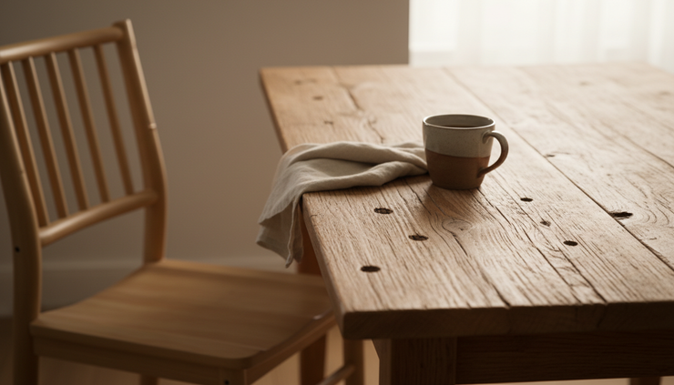 Close-up of a reclaimed timber tabletop with visible grain beside a bamboo chair