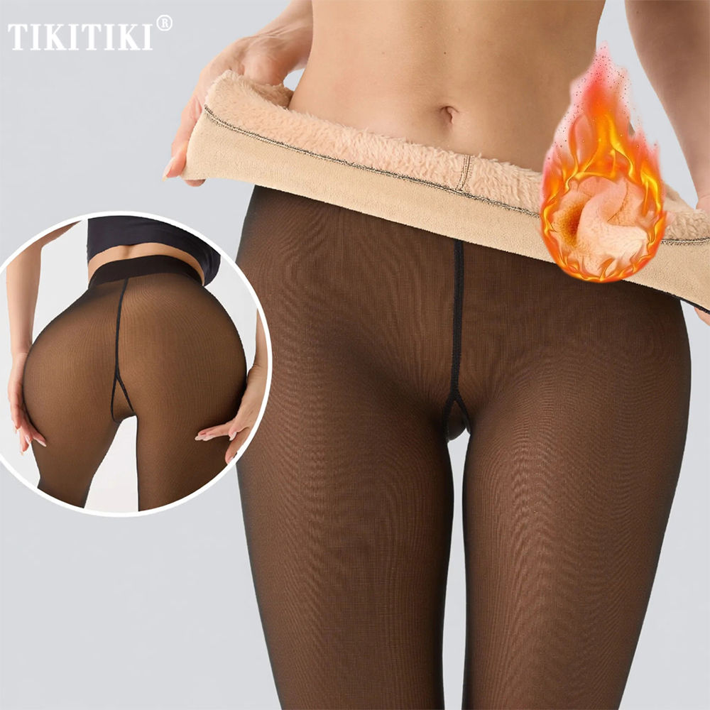 Thermal Fleece Lined Tights Women One Seam Warm Sheer Pantyhose Fake Translucent