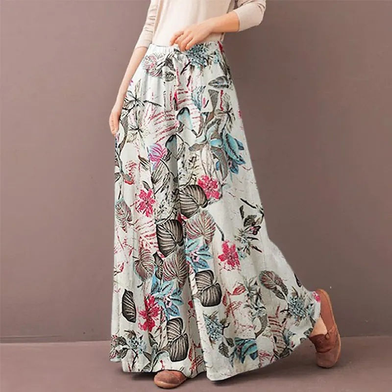 Thumbnail: Women Floral Print Wide Leg Pants Spring Autumn Fashion Drawstring Bohemia Trous
