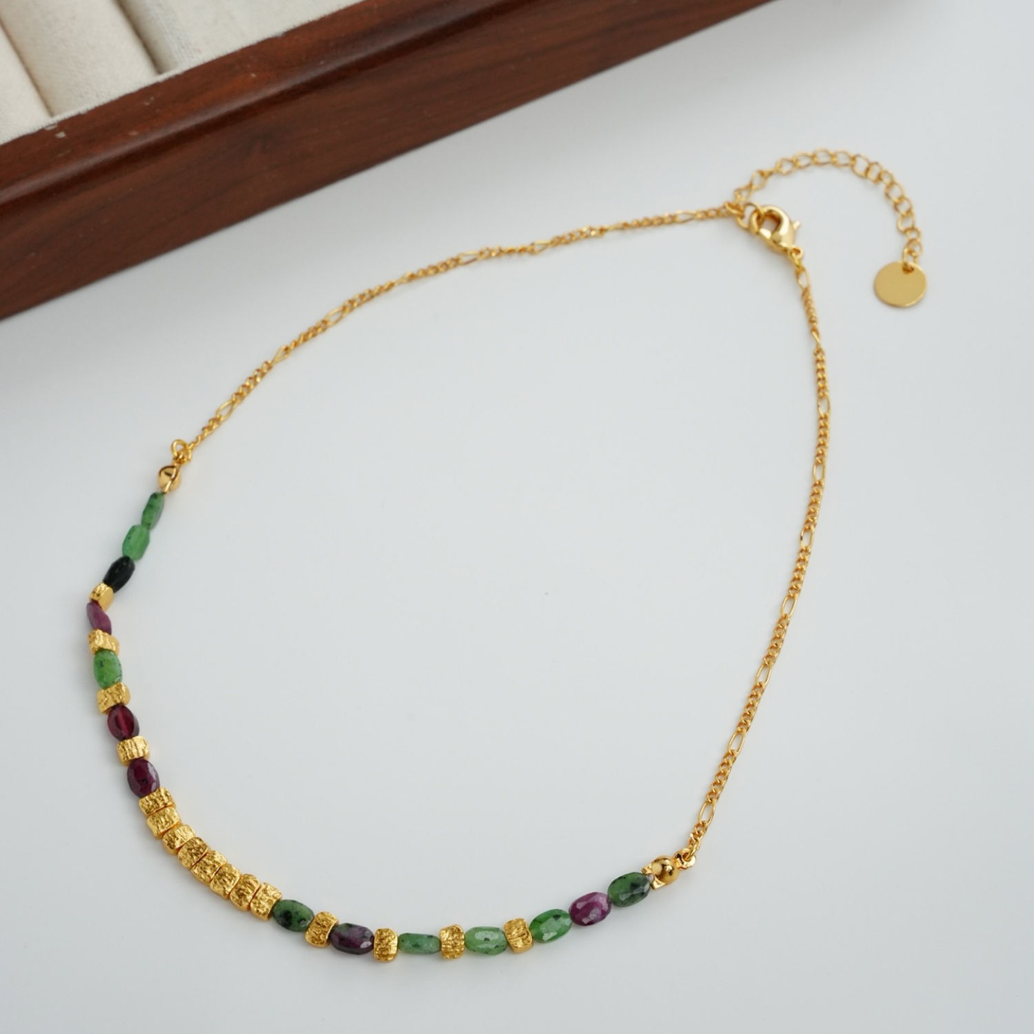 YAJUNIEL Natural Green Tourmaline Gemstone Beaded Choker Necklace with 24K Gold 