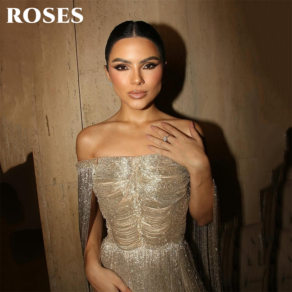 Thumbnail: ROSES Gold Luxury Evening Dress Off Shoulder Tassel Party Dresses Cape Sleeve Pr