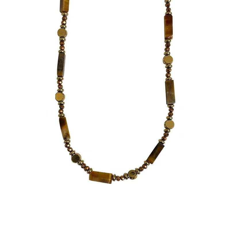 Thumbnail: Retro Temperament Layered Tiger Eye Stone Pendant Necklace For Women Stainless s