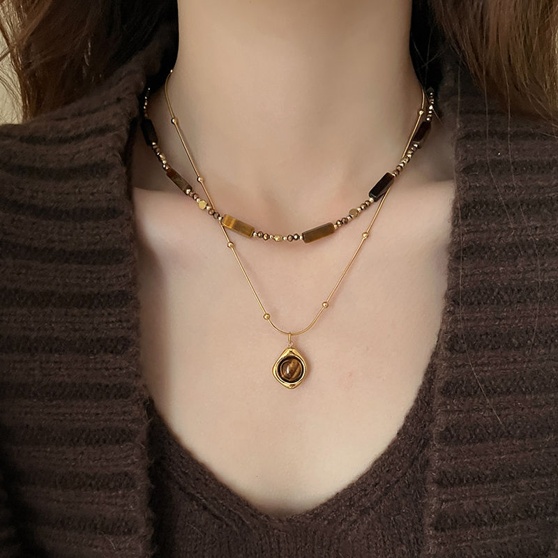 Thumbnail: Retro Temperament Layered Tiger Eye Stone Pendant Necklace For Women Stainless s