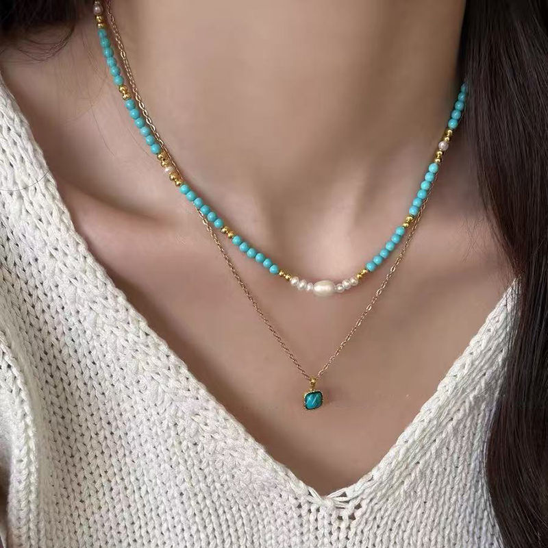 Thumbnail: Elegant Double-layer Layered Imitation Turquoise Natural Pearl Beads Necklace Tr