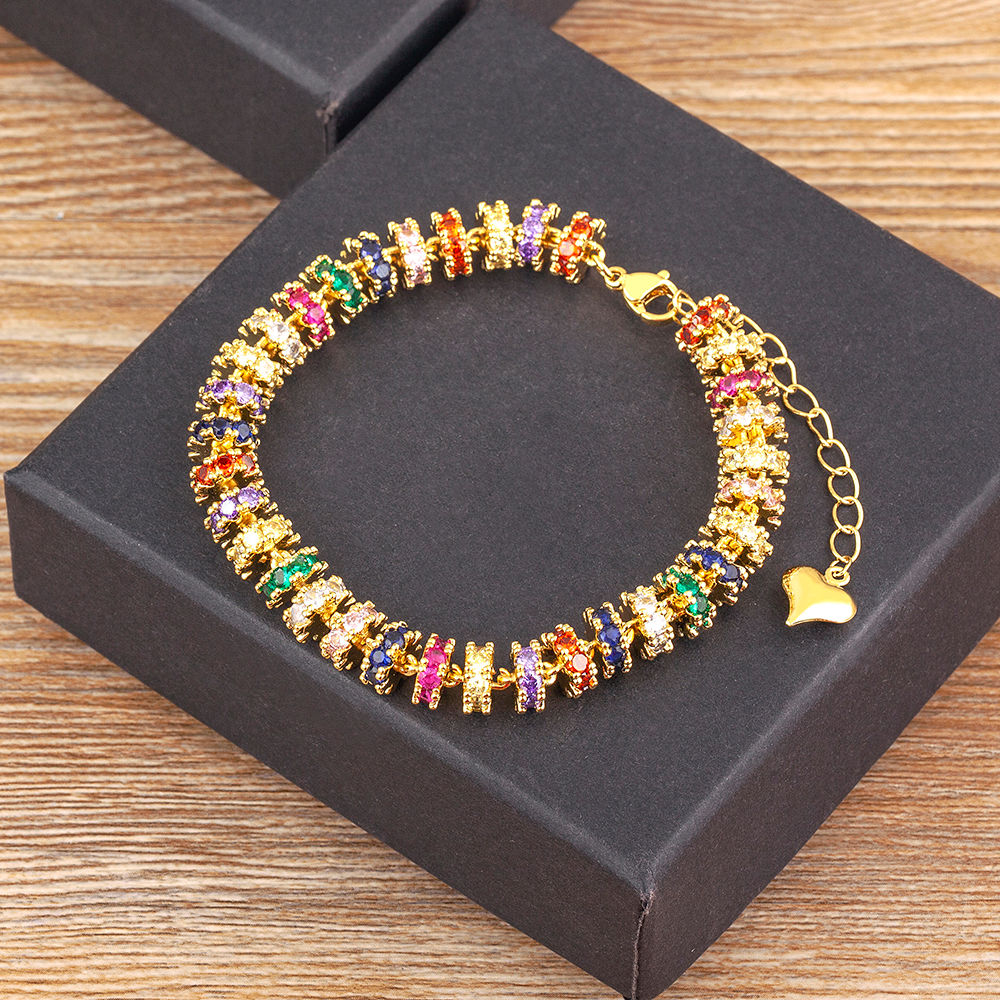 Nidin Fashion Gold Plated Chain Bead Bracelet for Women Colorful Crystal Zircon