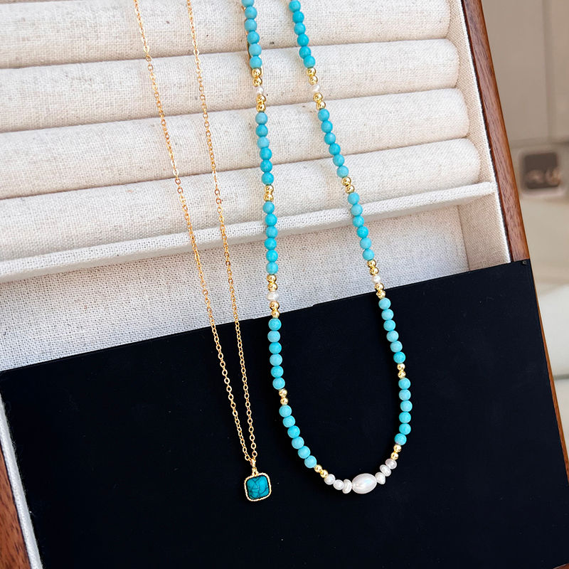 Thumbnail: Elegant Double-layer Layered Imitation Turquoise Natural Pearl Beads Necklace Tr