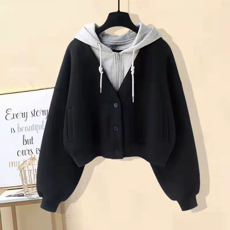 Thumbnail: Plush Thickened Casual Long Sleeved Hooded Mini Pleated Skirt Two-piece Set Fash