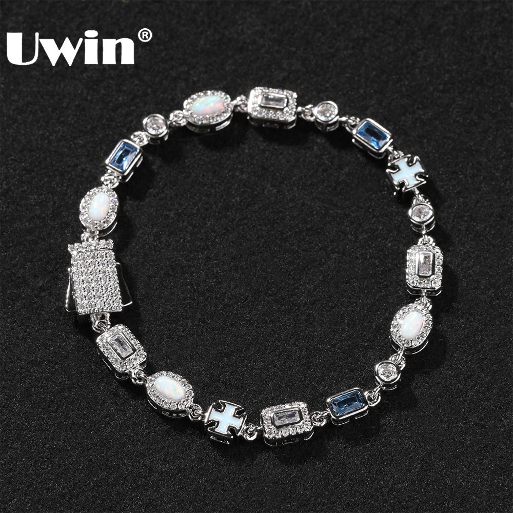 UWIN Slim White Blue Gemstones Bracelets for Men Women Iced Out Cubic Zirconia C