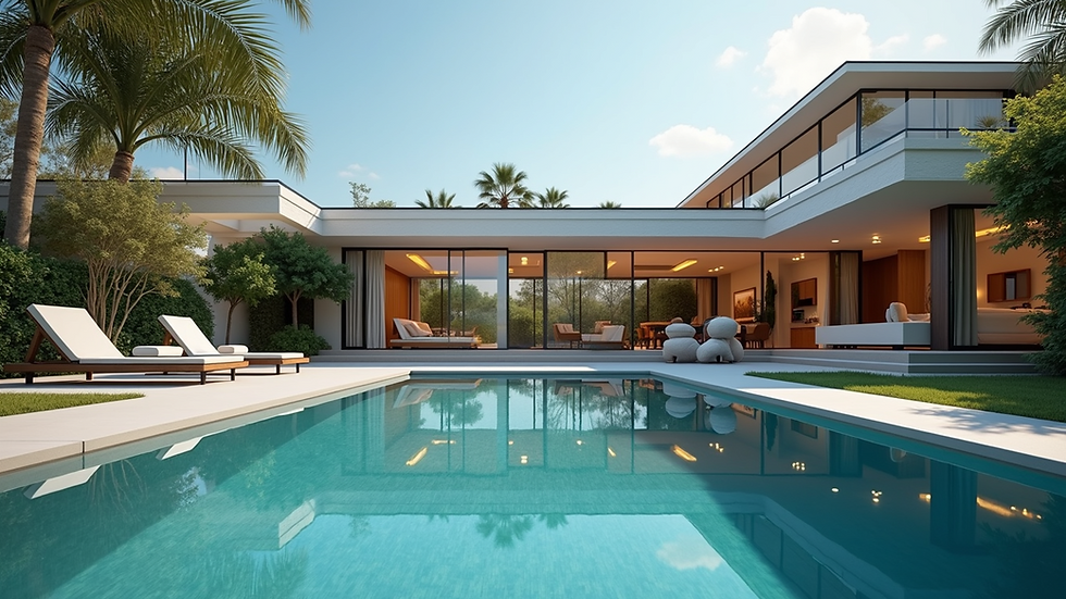 Eye-level view of a stunning house with a pool in the backyard