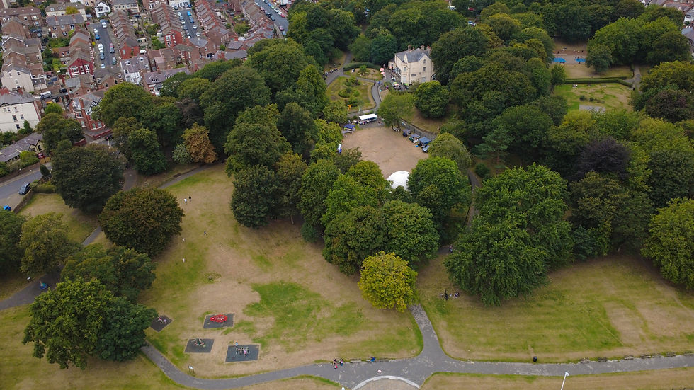Wide overhead drone shot of Vale Park, New Brighton, taken during Charfest 2025 on Saturday 23rd August 2025. The image shows the tree-lined park with the historic Vale House, lawns, pathways, and community activities at the heart of the festival.