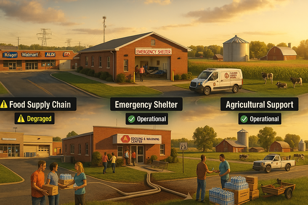 This photo-realistic illustration highlights the interconnected subsectors of FEMA’s Food, Hydration, and Shelter Lifeline within a rural Ohio setting. The image depicts key elements: a row of grocery stores representing a degraded Food Supply Chain, a fully operational Emergency Shelter set up at a local fire station, and Agricultural Support provided by active family farms. In the foreground, a community relief point distributes bottled water and meal kits, underscoring how these systems work together to sustain residents during times of crisis in Clinton County.