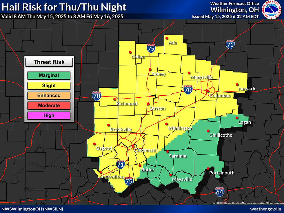 Slight: 15-30% chance of 1" or larger hail within 25 miles of your location.