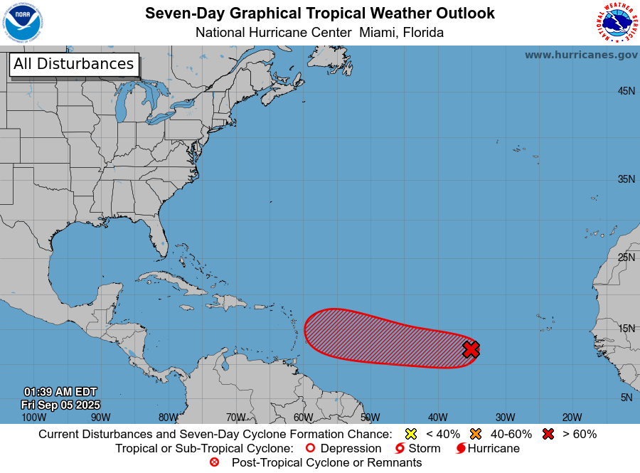AL91 as of 5 September 2025 with a 60% chance of developing into a Tropical Depression in 48 hours and a 90% chance within the next seven days.