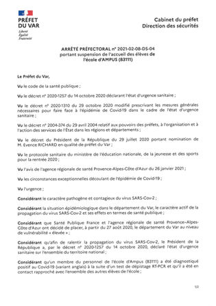 FERMETURE DE L'ECOLE D'AMPUS DU MARDI 9 FEVRIER AU LUNDI 15 FEVRIER 2021 INCLUS
