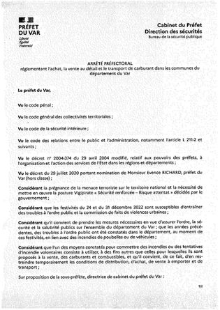 ARRETE PREFECTORAL REGLEMENTANT L'ACHAT LA VENTE AU DETAIL ET LE TRANSPORT DE CARBURANT