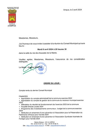 REUNION DU CONSEIL MUNICIPAL LE MARDI 9 AVRIL 2024