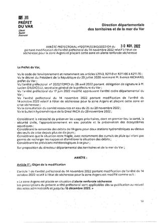ARRETE PREFECTORAL PORTANT MODIFICATION L'ETAT DE SECHERESSE POUR LA ZONE ARGENS
