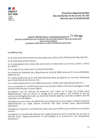 ARRETE PREFECTORAL PORTANT MODIFICATION DE L'ARRETE DU 20 MAI 2022 RELATIF A L'ETAT DE SECHERESSE