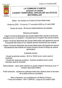 LA COMMUNE d’AMPUS PROPOSE un EMPLOI d’AGENT TERRITORIAL SPECIALISE des ECOLES MATERNELLES