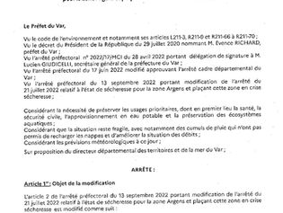 ARRETE PREFECTORAL PORTANT MODIFICATION DE L'ARRETE DU 13 SEPTEMBRE 2022 A L'ETAT DE SECHERESSE