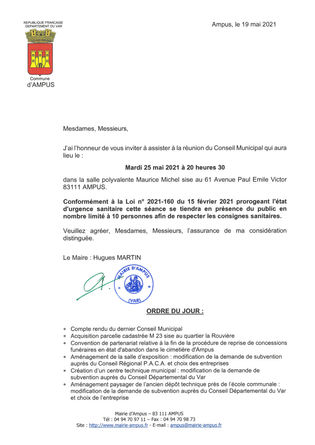 REUNION DU CONSEIL MUNICIPAL LE MARDI 25 MAI 2021