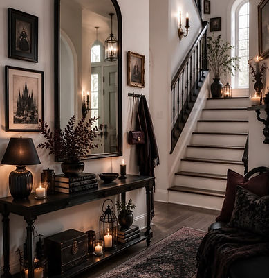 Entryway with a large mirror, dark furniture, candles, and stairs leading up.