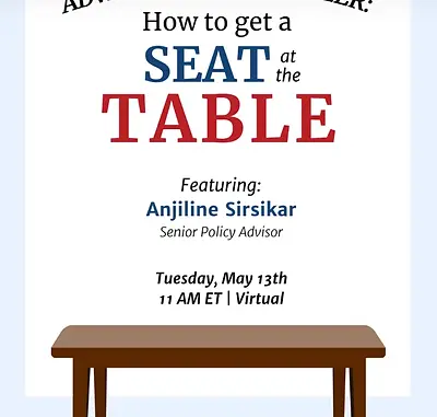 Women’s Foreign Policy Group event graphic, How to Get a Seat at the Table, featuring Anjiline Sirsikar