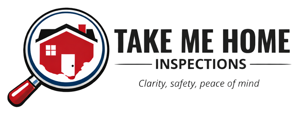 Take Me Home Inspections logo with a house in a magnifying glass