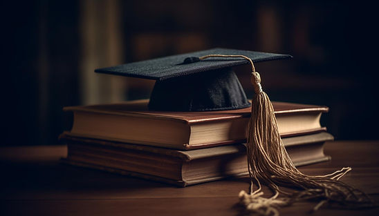A graduation cap sits atop a pile of textbooks, representing academic achievement and success.