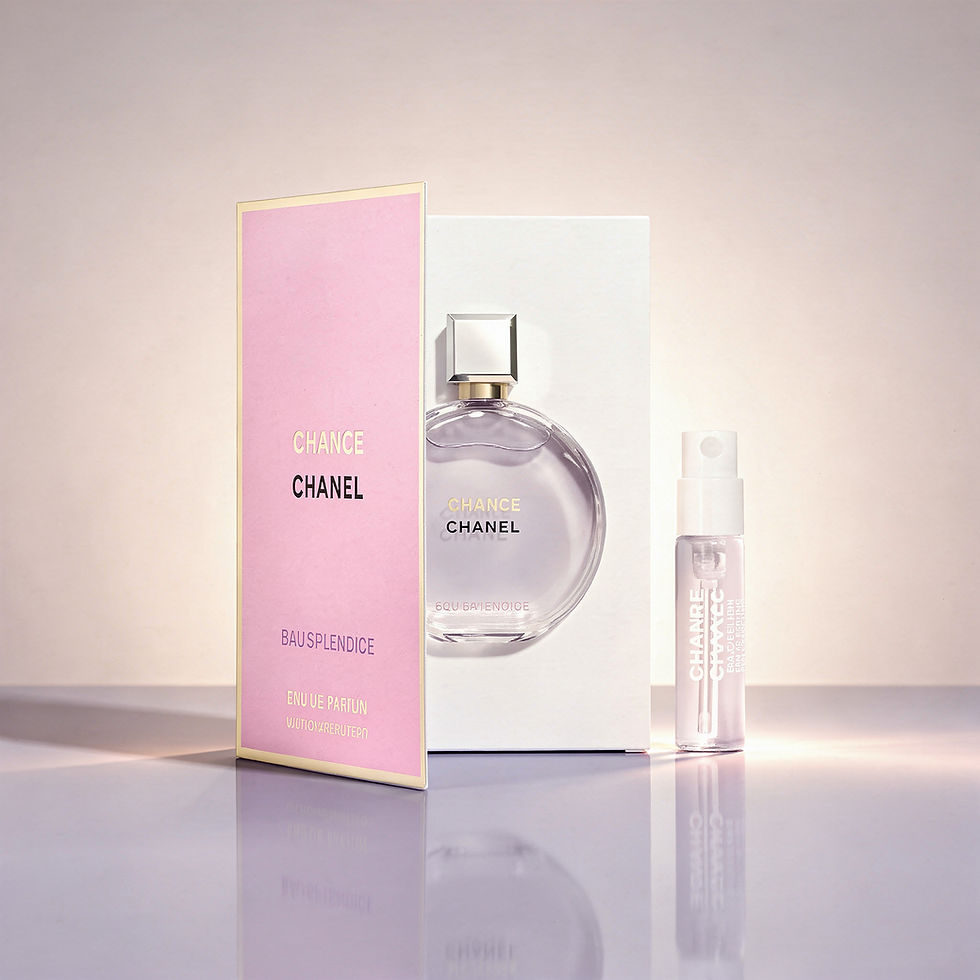 Chanel Chance perfume bottle and travel spray in elegant packaging with pink accents.
