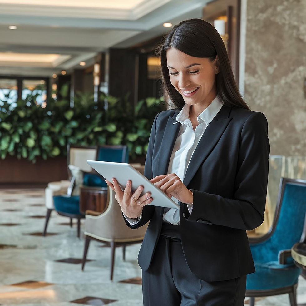 Business professional reviewing hotel sales reports in a modern hotel lobby