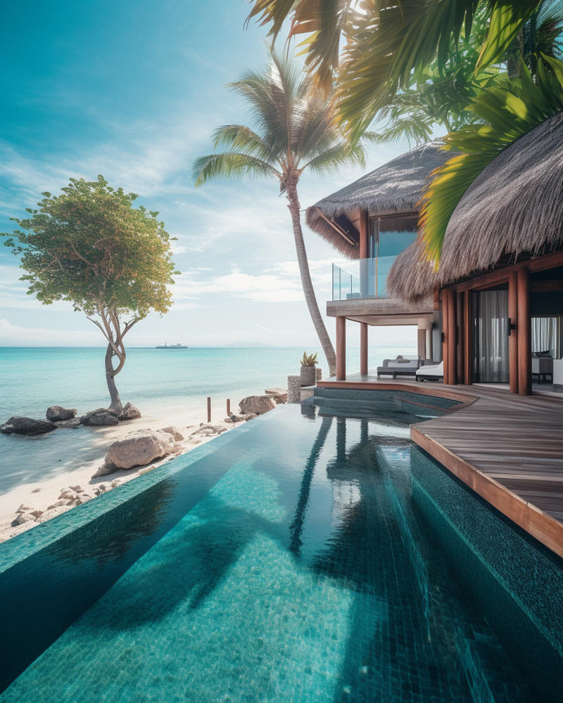 A serene beach view with soft waves lapping at the shore, framed by lush palm trees and a clear blue sky.