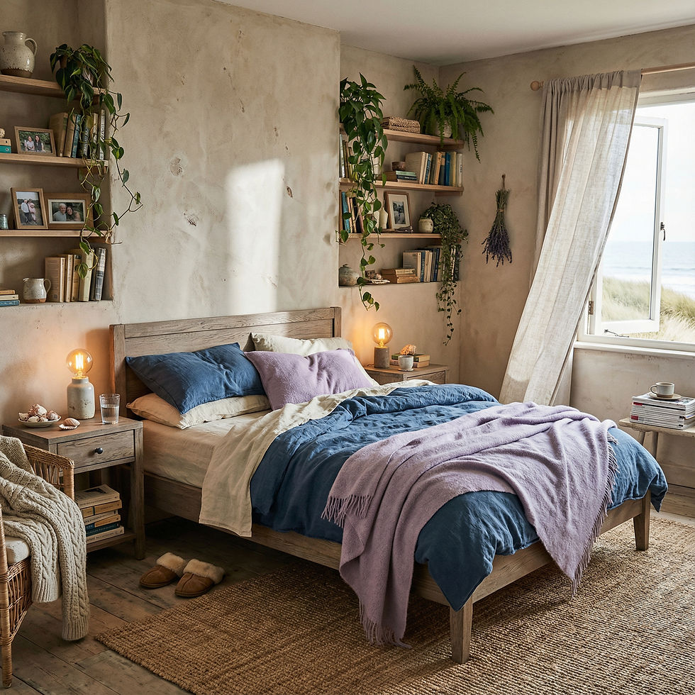 Cozy bedroom with bed, shelves filled with books, and elegant decor design.