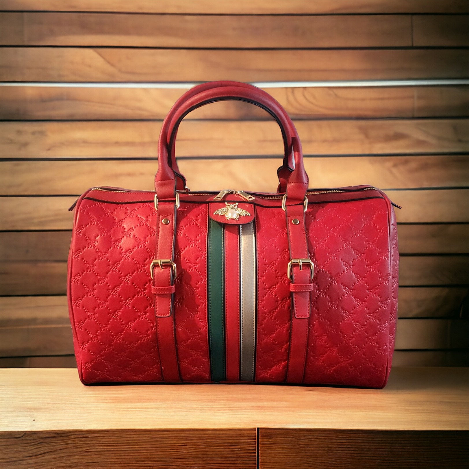 Bee Charm Center Striped Duffle Bag