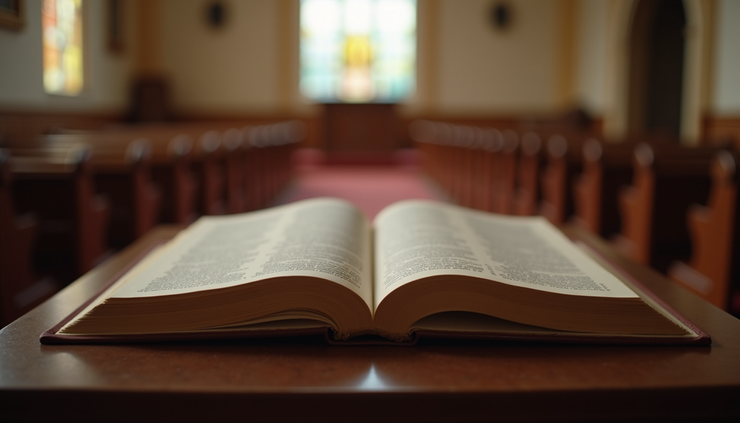 Eye-level view of a closed Bible resting on a wooden pulpit