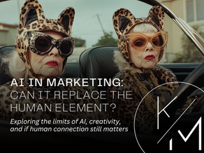 Two elderly women in leopard print outfits and cat ear hats riding in a car, used as a creative featured image for a blog on AI in marketing and whether artificial intelligence can replace the human element in creativity and human connection.
