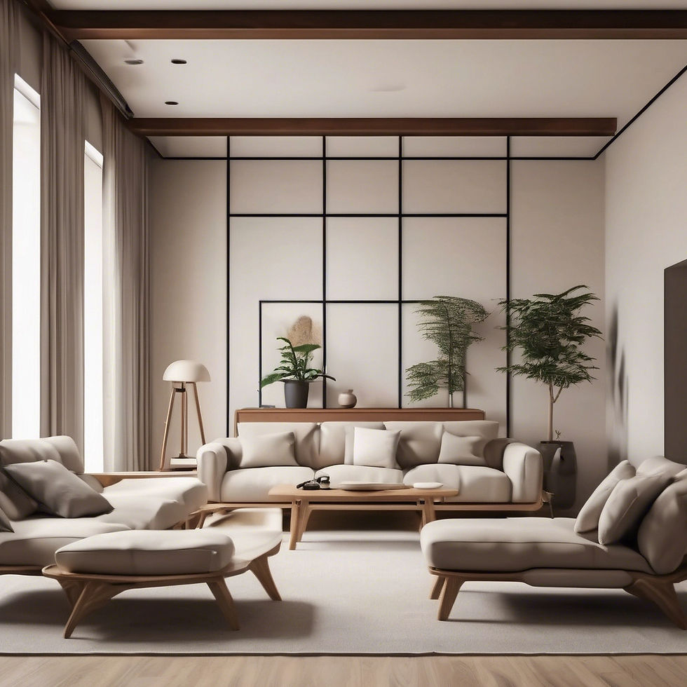 Wide angle view of a serene Japandi living room featuring minimalist furniture