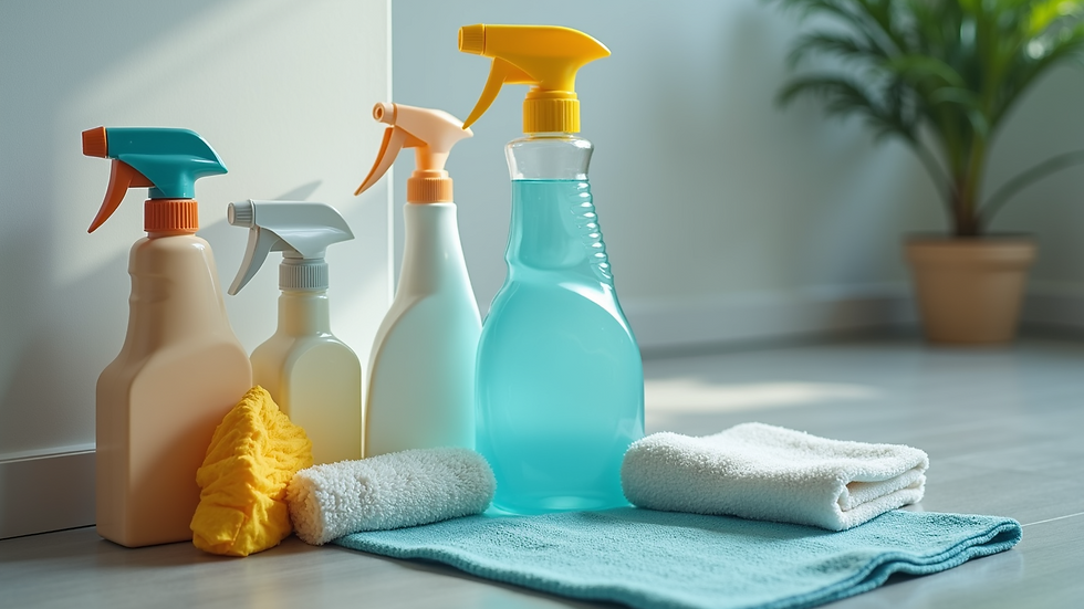 High angle view of cleaning supplies arranged neatly on a floor
