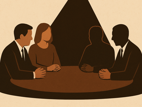 Four sighted people sit around a round table in silhouette, partly hidden in shadow, suggesting a secretive meeting.
