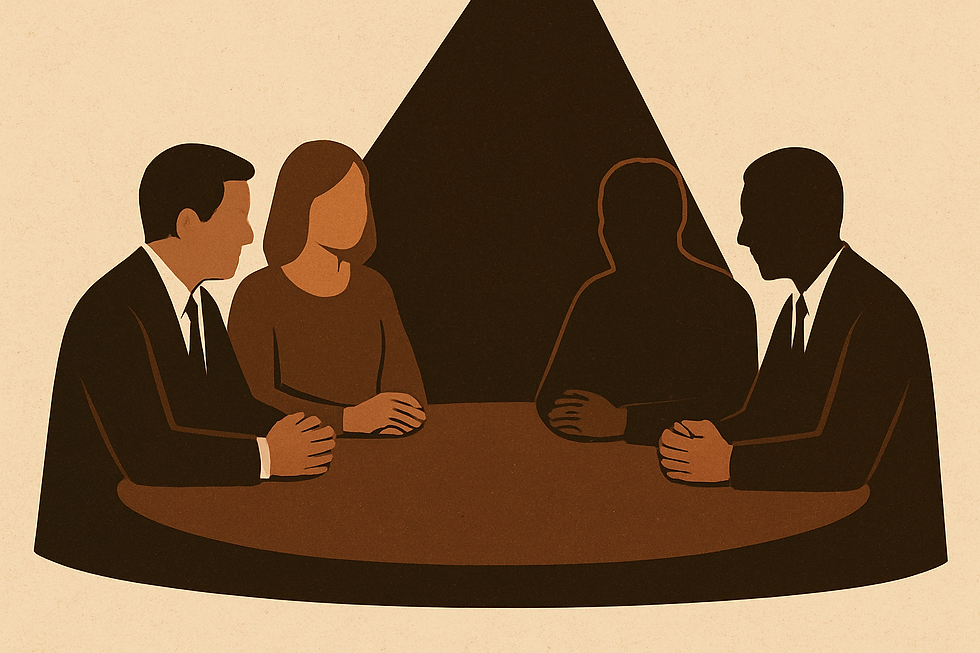 Four sighted people sit around a round table in silhouette, partly hidden in shadow, suggesting a secretive meeting.