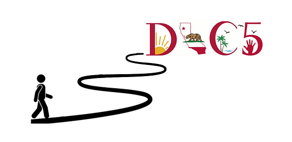 Image Description: A black stick figure is shown walking along a winding black path that curves forward into the distance. At the end of the path is the text “DIC5”, stylized with California-themed imagery inside each letter. The overall design suggests a journey toward the Deaf Interpreter Conference 5.