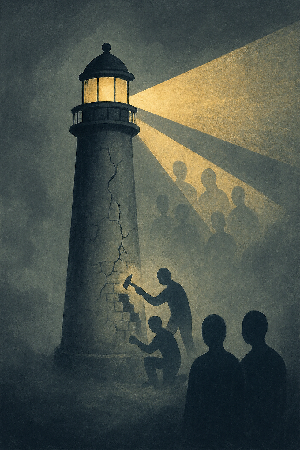 A lighthouse in fog, beams cutting through mist revealing faint abstract figures of the blind and DeafBlind community. Partially under repair, symbolizing renewal and leadership change. Muted grays and blues with warm light for hope and clarity.