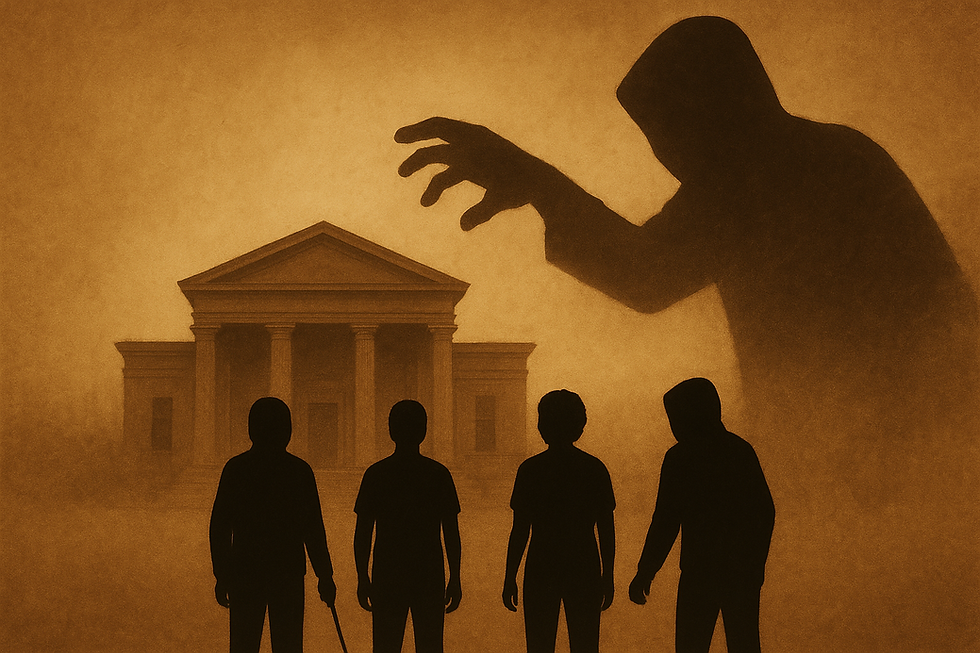 Four silhouetted people stand together in front of a building. A large, dark shadowy figure behind them reaches its hand toward the building, creating a feeling of threat or danger.