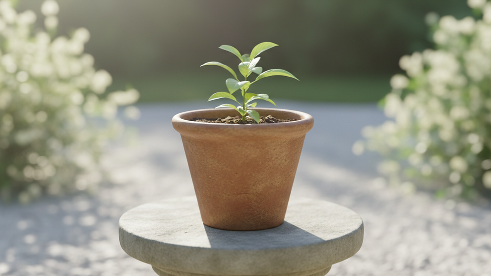 Eye-level view of a small plant growing in a sunny garden pot