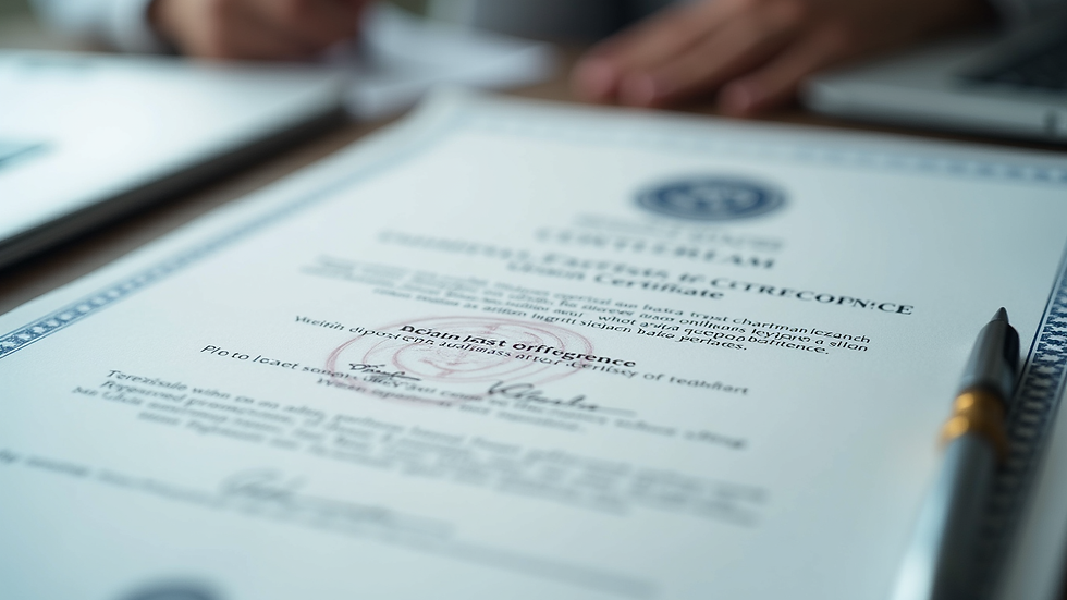 Close-up view of a certification document with a seal